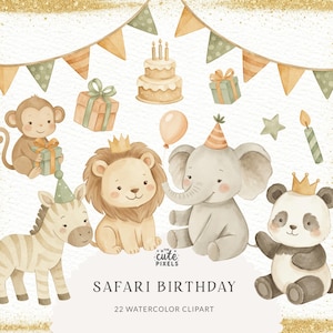 Clipart aquarelle anniversaire Safari, fête de la jungle, Clipart Safari, un clipart sauvage, Safari bébé, ensemble Safari mignon, Shower de bébé Safari PNG