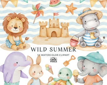 Wild Beach Summer Clipart, Cute Beach Animals, Ocean Nursery Clipart, Baby Animals, Vacation Clipart, Summer Kids, Vacation Vibe PNG