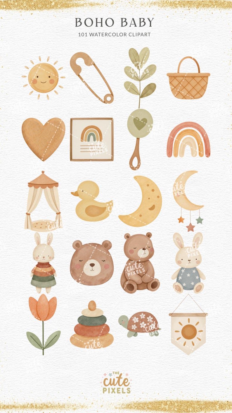 Boho Baby Watercolor Clipart, Nursery Animal Clipart, Boho Baby Shower ...