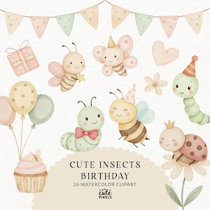 Puede incluir: Conjunto de imágenes prediseñadas de acuarela con lindos insectos, incluyendo abejas, mariposas y orugas, con gorros de fiesta y globos. La imagen incluye una magdalena, una caja de regalo y una pancarta. El texto dice "Cute Insects Birthday" y "26 Watercolor Clipart."