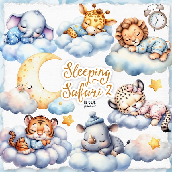 Cute Sleeping Safari Clipart Watercolor, Safari Animals Clipart, Watercolor Sleeping Animals, Baby Shower Clipart, Nursery Art, Lion png