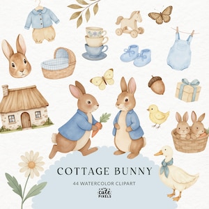 Puede incluir: Conjunto de imágenes prediseñadas de acuarela con conejitos, una cabaña y artículos para bebés. Incluye un conejo con una chaqueta azul, un pato con un lazo azul y el texto "COTTAGE BUNNY". Otros elementos incluyen mariposas y ropa de bebé.