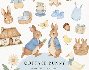 Peter Rabbit-kwekerij, Cottage Bunny aquarel konijn PNG, Beatrix Potter-clipart, schattige Bunny PNG, babykamer clipart, kwekerij bundel