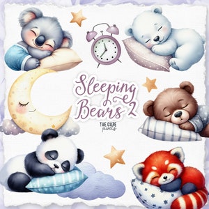 Cute Sleeping Bears Clipart Watercolor, Baby Shower Clipart, Watercolor Sleeping Animals, Teddy Bear Clipart, Koala, Red Panda, Polar Bear