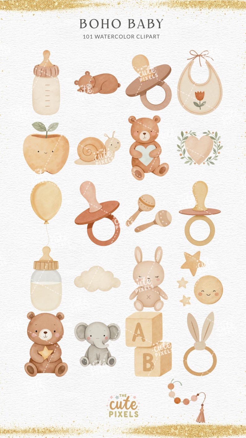 Boho Baby Watercolor Clipart, Nursery Animal Clipart, Boho Baby Shower ...