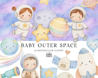 Watercolor Space Clipart Bundle, Baby Astronaut, Planets (PNG Digital Download)
