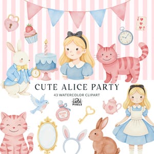 Mignonne Alice au pays des merveilles fête des cliparts aquarelle, clipart Baby Alice, aquarelle Alice Adventures, Tea Party, rose Alice Clipart, numérique