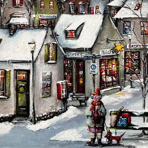 Può includere: Dipinto di una strada di paese innevata con negozi e case. Una persona con un cane cammina per la strada. I negozi includono una libreria, una panetteria e una pescheria. Il dipinto ha un'atmosfera calda e accogliente.