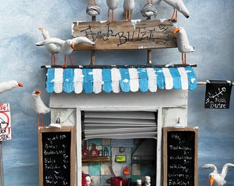 Fish Butt* ręcznie wykonany obraz 3D w drewnianej ramie z przeszklonymi szybami, 21x30x6 cm