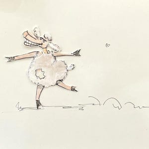 Könnte beinhalten: Ein weißes Schaf mit rosafarbenem Gesicht und schwarzen Augen ist im Cartoon-Stil gezeichnet. Das Schaf trägt ein weißes Kleid und schwarze Schuhe. Das Schaf tanzt auf einem weißen Hintergrund mit drei Herzen, die in den oberen Ecken des Bildes gezeichnet sind. Das Schaf lächelt und hat die Arme ausgestreckt. Das Bild ist mit dem Datum "11/12/26" signiert.