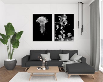 Double Jellyfish in Black and White, 2 Piece Wall Art,  Black and White, Jellyfish, Ocean, Sea Life Print, Wall Art, Beach Art, Wall Decor