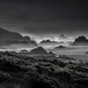 Ocean Fog Photo, Garrapata State Park, California Beach, Foggy Beach Rocks, Pacific Ocean Print, Garrapata Coast, Black and White Photo