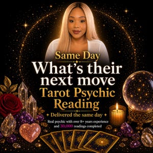 Puede incluir: Un anuncio de una lectura psíquica de tarot. La imagen presenta a una mujer con cabello rubio, una bola de cristal, cartas del tarot y el texto "Same Day What's their next move Tarot Psychic Reading". La imagen tiene un fondo oscuro con detalles dorados.