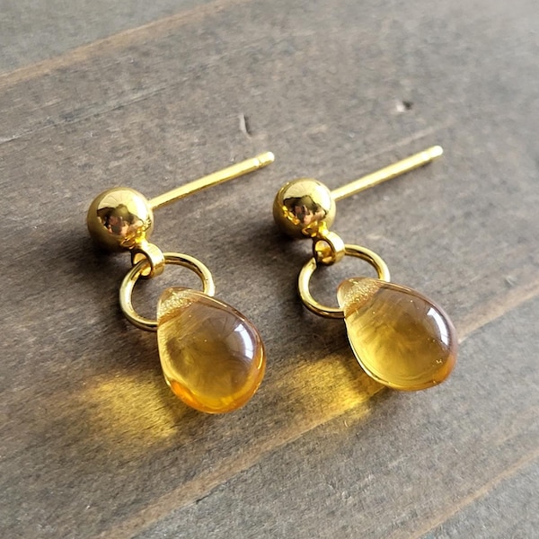 Honey Citrine Yellow Teardrop Earrings-Handmade Earrings- Yellow Dangle Earrings- Glass Earrings-Yellow Earrings-18 Karat Gold Post Earrings