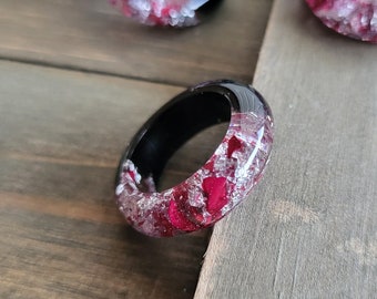 Black Obsidian Rose Petal Resin Ring- Silver Flake Jewlry- Flower Rings- Dried Flowers- Silver Rings- Flower Resin Rings- Stacking Rings