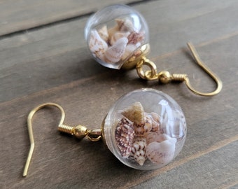 Ocean Seashell Glass Ball Earrings- Beach Earrings- Handmade Earrings- Resin Ocean Earrings- Seashell Earrings- Marine Life Earrings- Gold