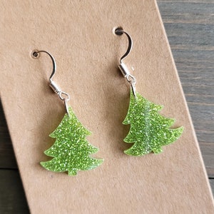 Glittering Christmas Tree Earrings- Handmade Earrings- Silver Earrings- Christmas Earrings- Glitter Earrings- Jewelry Gifts for Her-