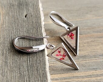 Sterling Silver Pink Flower Resin Earrings- Handmade Earrings- Geometric Earrings- Resin Jewelry- Real Flower Earrings- Pink Flowers-