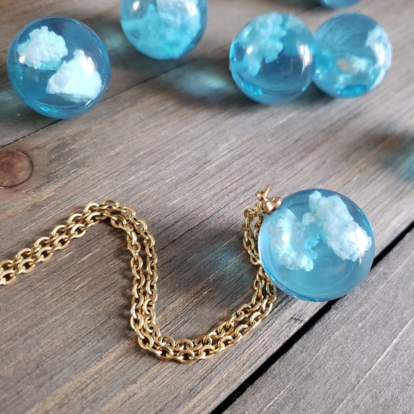 Blue Sky Cloud Resin Ball Necklace- Handmade Jewelry- Cloud Necklace- Jewelry Gift- Blue Necklace- Resin Necklace Pendant- Sky Resin Ball