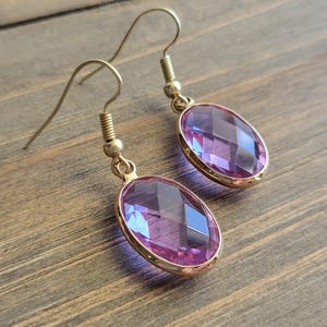 Lavender Amethyst Crystal Gemstone Earrings- Handmade Earrings- Purple and Gold- Gold Earrings- Glass Earrings- Stone Earrings- Pink Earring