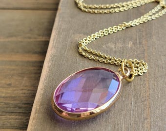 Lavender Amethyst Gem Crystal Necklace- Crystal Necklace- 18k Gold Necklace Chain- Real Gold Necklace- Purple Diamond- Gemstone