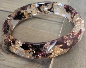 Black Ruby Hibiscus Gold Flake Resin Bangle- Real Gold Flake