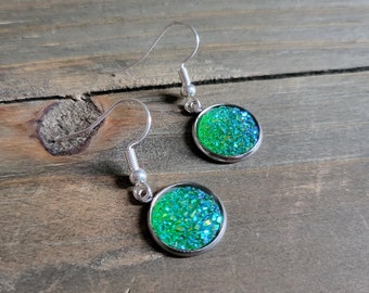Sea Green Druzy Crystal Earrings- Handmade Earrings- Stone Earrings- Green Earrings- Silver Earrings- Natural Earrings- Green Stone