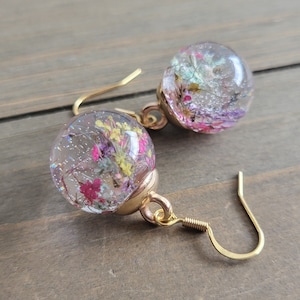 Rainbow Flower Ball Resin Earrings- Handmade Earrings- Gold Earrings- Flower- Real Flower Jewelry- Dried Flower Earrings- Resin Earrings