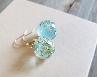 Succulent Flower Earrings- Handmade Earrings- Blue Flower Earrings- Flower Ball Earrings- Dried Flower Earrings- Resin Ball Earrings- Blue