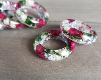 Winterroos hars ring-zilveren vlokken sieraden-bloem ringen-gedroogde bloemen-zilveren ringen-bloem hars ringen-stapel ringen-mos ring
