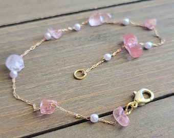 Rose Quartz Pearl Crystal Anklet- Colorful Anklets- Water Proof Anklets- Layering Anklets- Crystal Anklets- Stone Anklets- Gold Anklet-Pearl