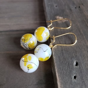 Yellow Painted Porcelain Earrings- Handmade Earrings- Yellow Dangle Earrings- Glass Earrings- Yellow Earrings- Abstract Painted Earrings
