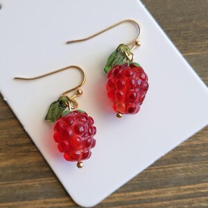 Red Raspberry Earrings- Handmade Earrings- Glass Earrings- Rosey Red Berry Earrings- Gold Earrings- Fruit Earrings- Dangle Earring