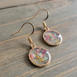 Mixed Rainbow Flower Resin Earrings- Handmade Earrings- Gold Earrings- Flower- Real Flower Jewelry- Dried Flower Earrings- Resin Earrings