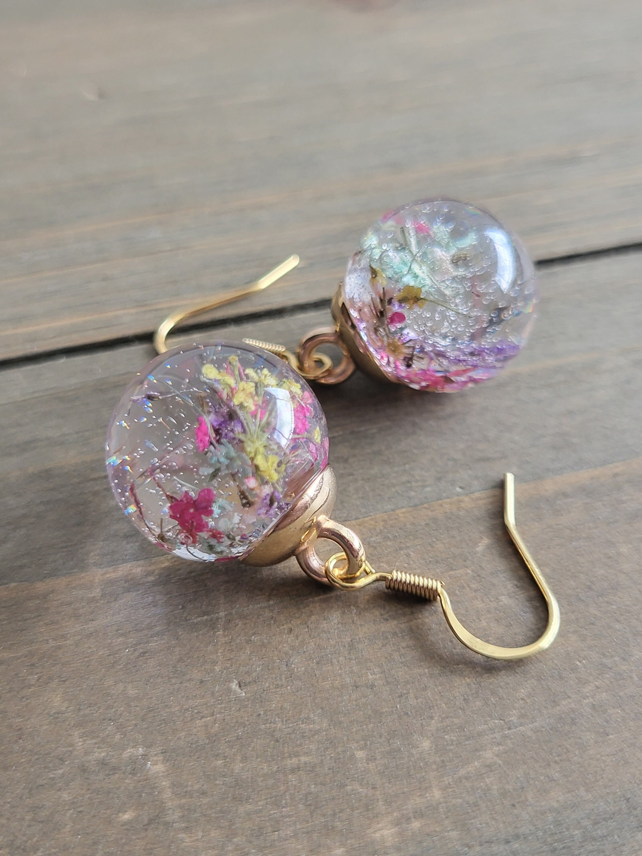 Unique Resin Ear Rings Rainbow Flower Ball Resin Earrings- Handmade Earrings- Gold Earrings ...
