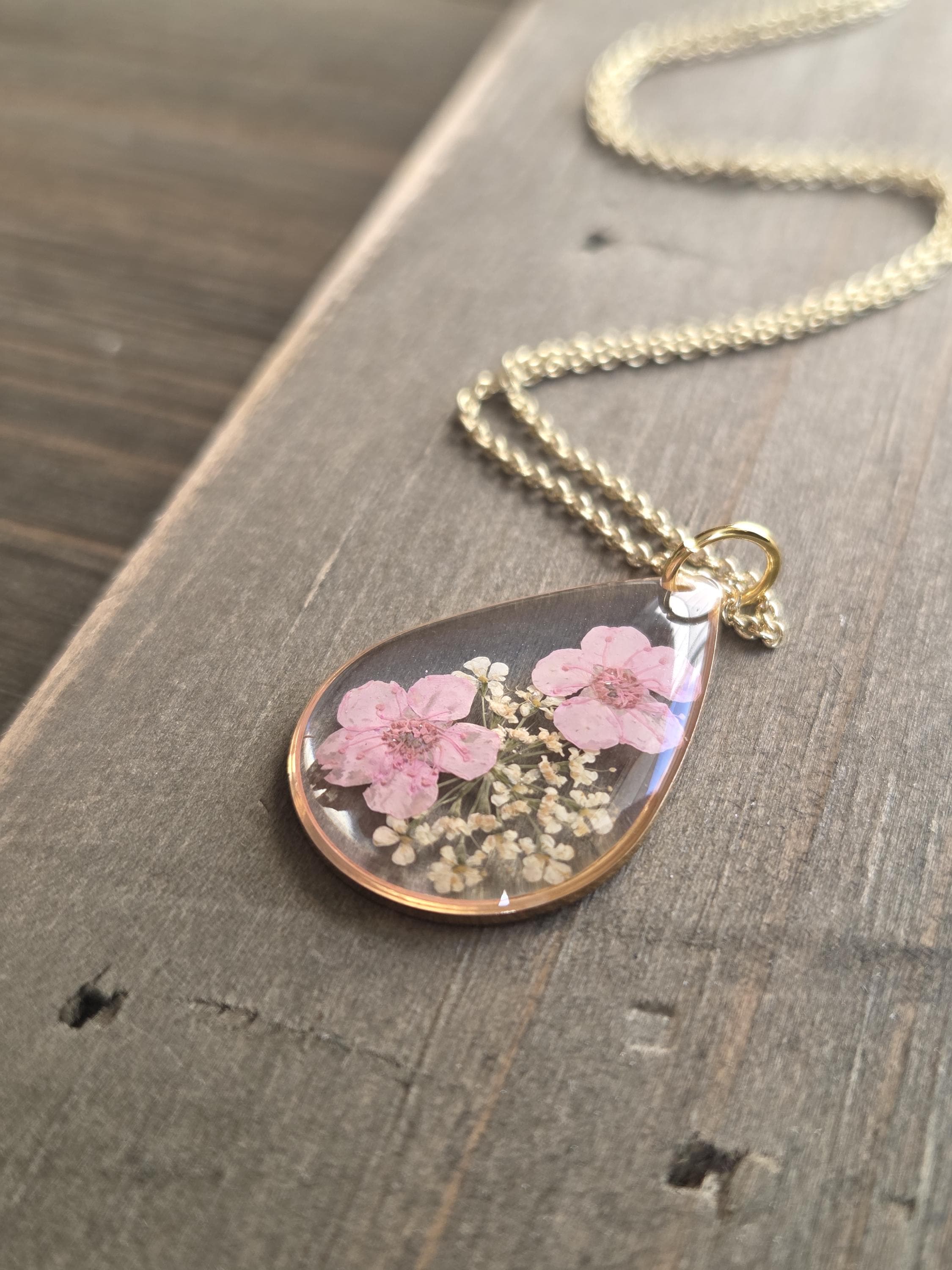 Petite Pink Forget Me Not Flower Resin Teardrop Necklace- Handmade