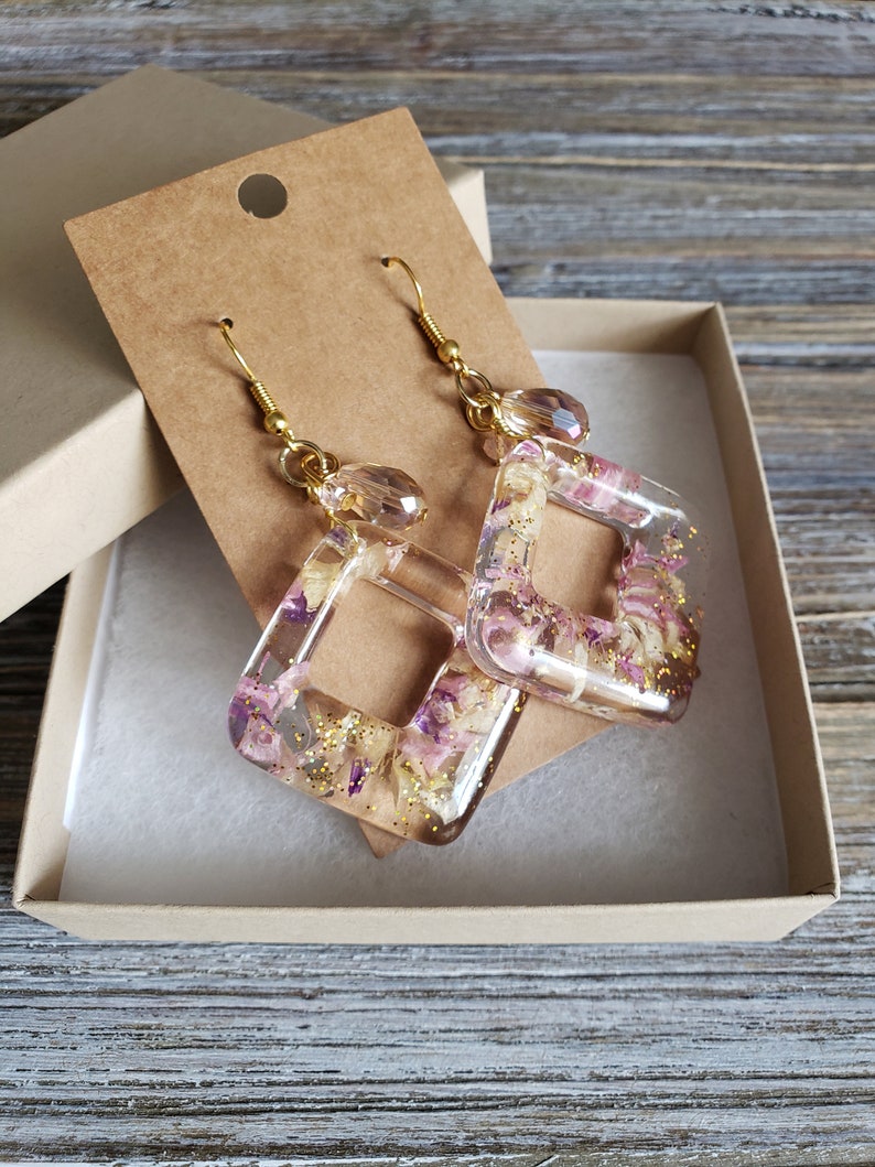Pink Flower Resin Earrings Handmade Earrings Resin Square Etsy