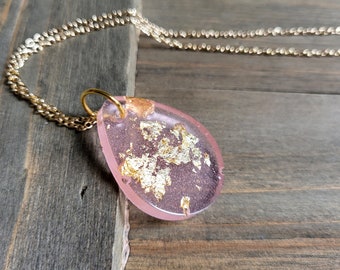 Pink Gold Flake Resin Coin Necklace- 18 Karat Gold Necklace Chain- Real Gold Necklace- Resin Necklace- Resin Pendant- Resin Necklace