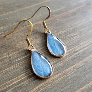 May include: A pair of gold teardrop earrings with blue butterfly wings encased in resin.