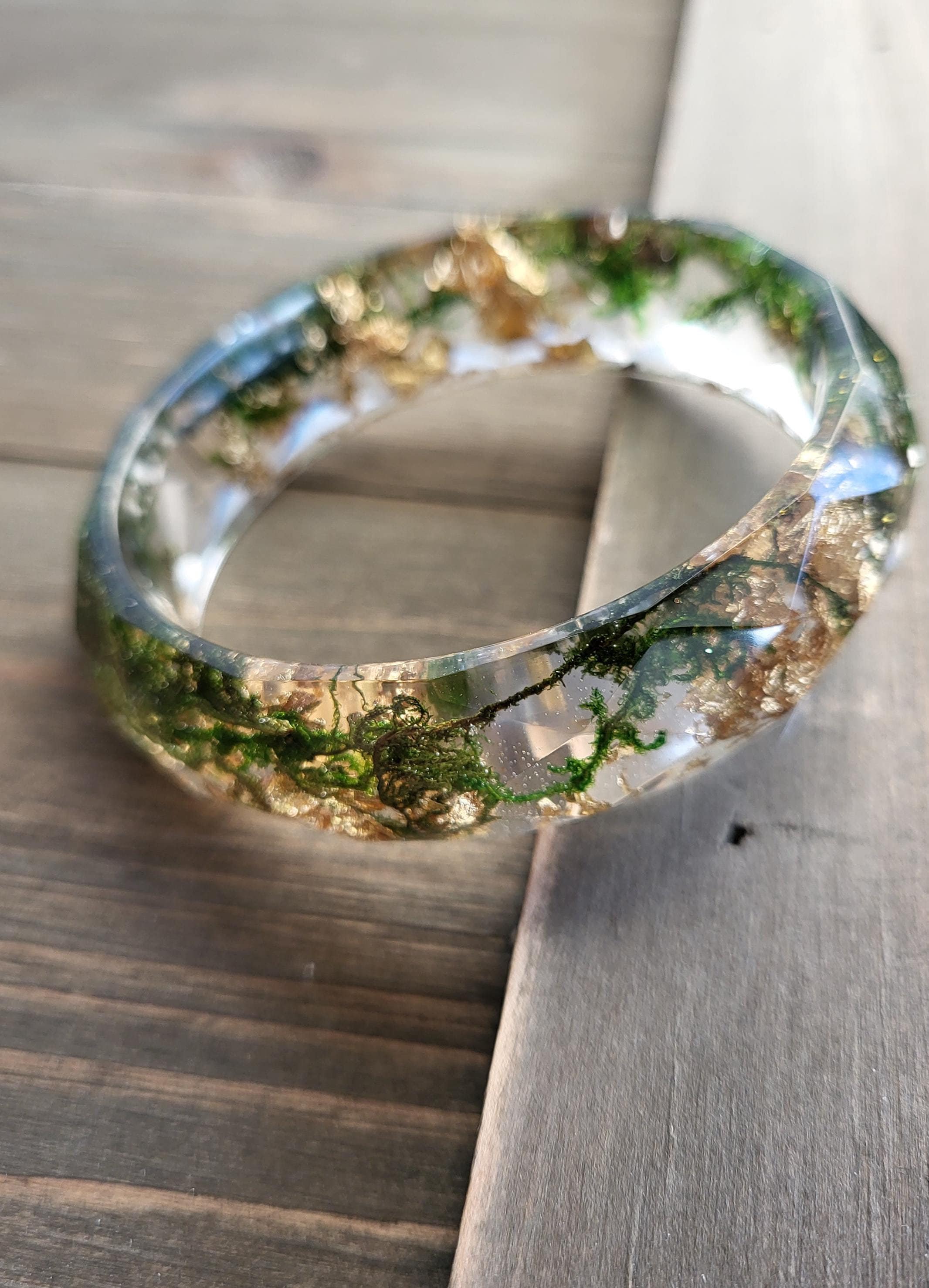 Forest Moss Gold Flake Resin Bangle- Real Gold Flake Jewelry 
