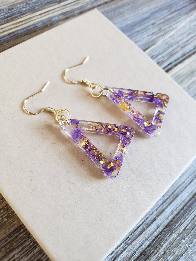 Real Flower Earrings Resin Flower Earrings Resin Purple Bell Flower Earrings Resin Triangle Earrings Purple Earrings Handmade Earrings