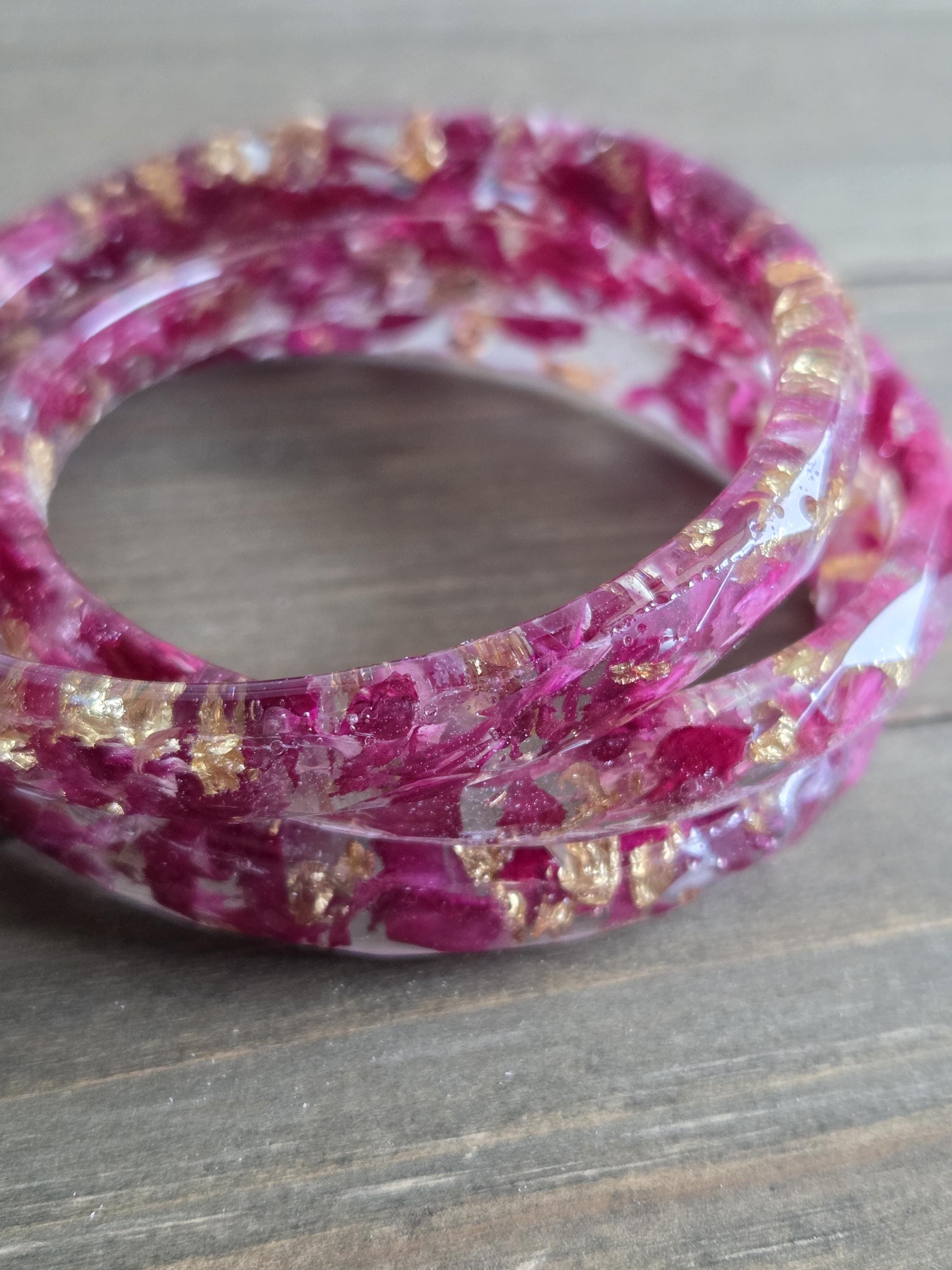 Pink Petal Resin Bengal- Real Flower Jewelry- Real Flower Bracelet- Flowers in Resin- Gold Bracelet - Resin Bangle- Magenta Flower Jewelry