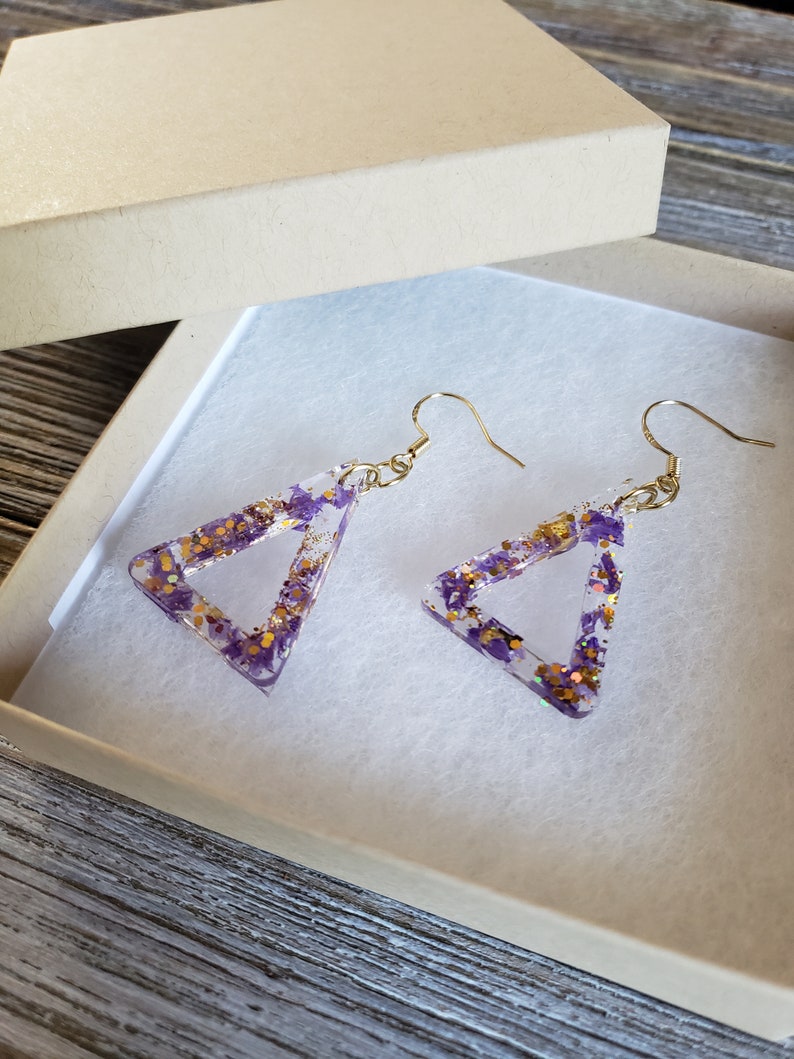 Real Flower Earrings Resin Flower Earrings Resin Purple Bell Flower Earrings Resin Triangle Earrings Purple Earrings Handmade Earrings