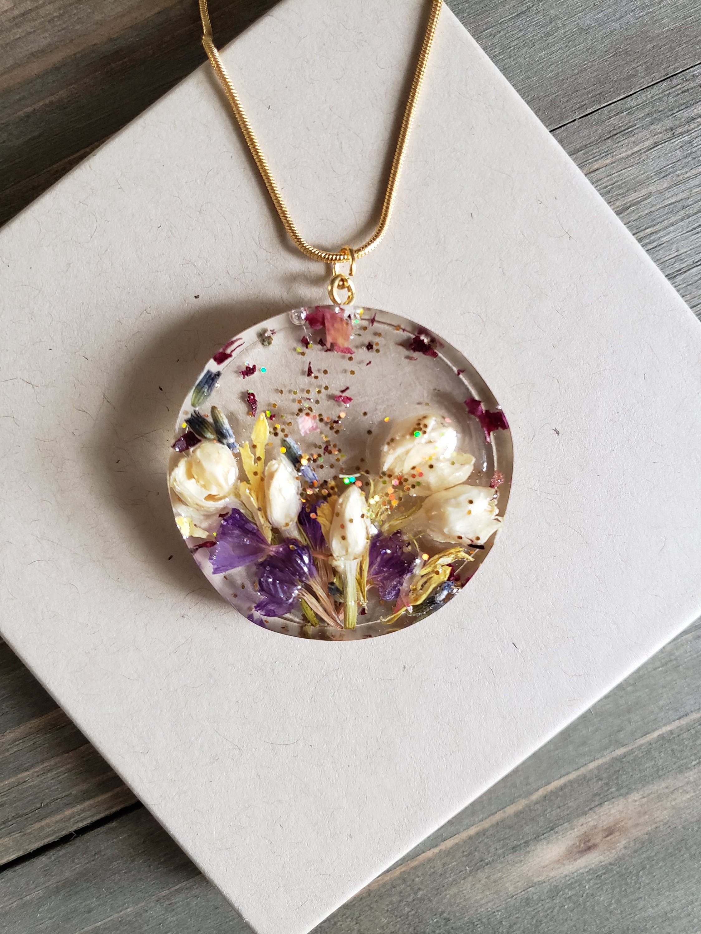 Real Wildflower Resin Necklace with Silver Bead Chain