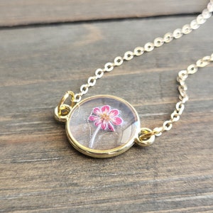Pink Flower Resin Necklace- 18 Karat Gold Necklace Chain- Real Gold Necklace- Real Flower Necklace- Flowers in Resin- Painted Flower Jewelry