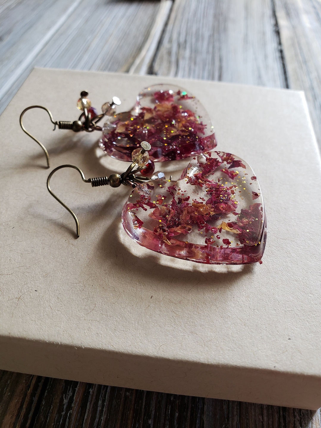 Rose Petal Heart Earrings- Handmade Earrings- Resin Earrings- Real