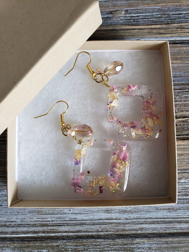 Pink Flower Resin Earrings Handmade Earrings Resin Square Etsy