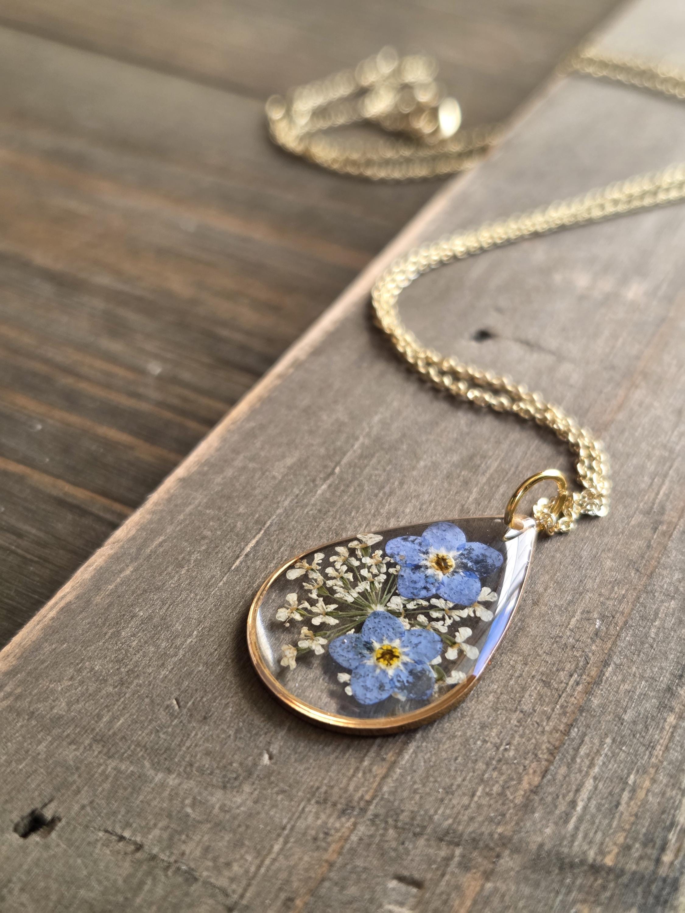 Petite Blue Forget Me Not Flower Resin Teardrop Necklace- Handmade 
