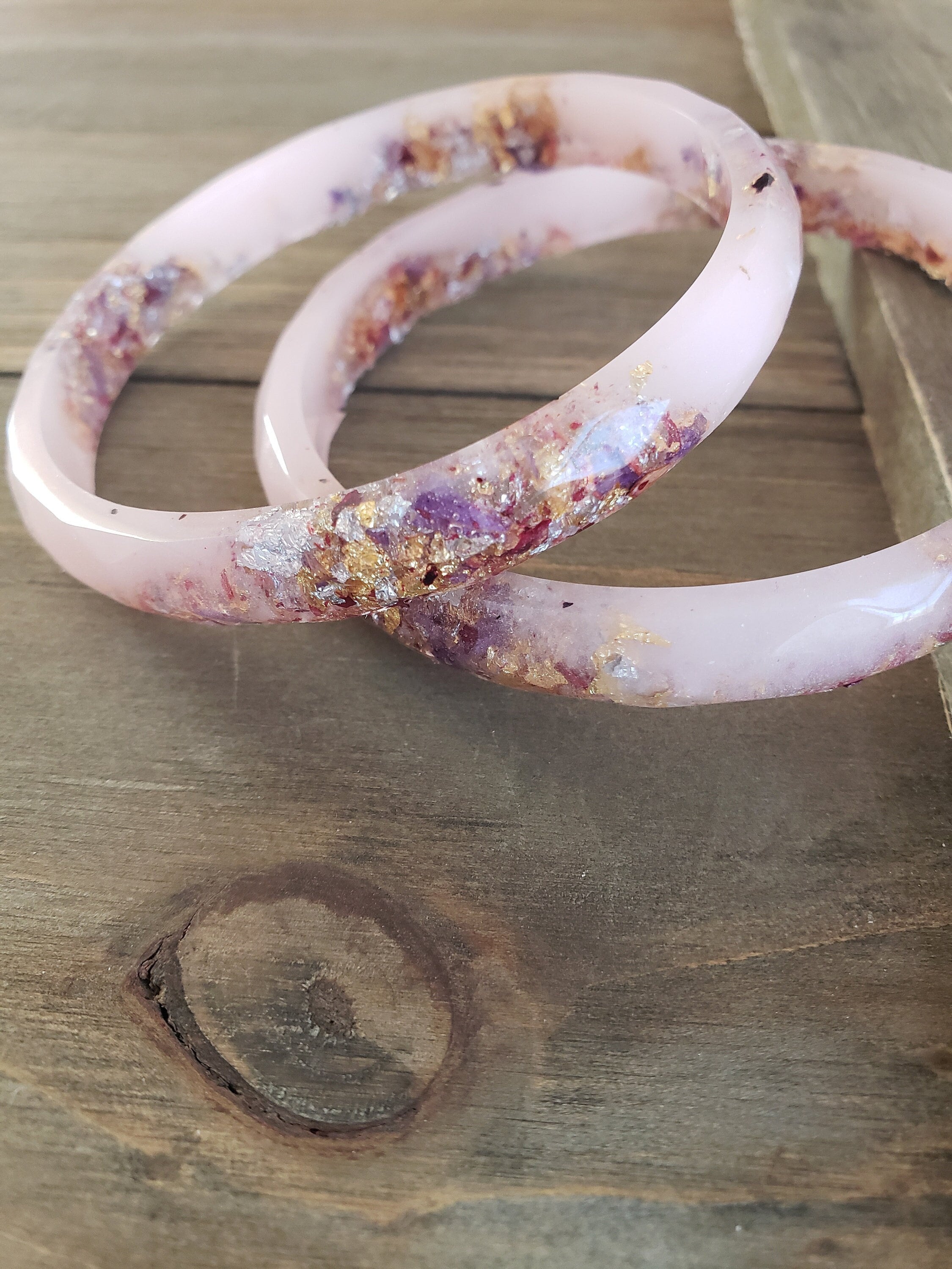 Enchanted Garden Resin Bangle- Silver Flake Jewlry- Flower Rings