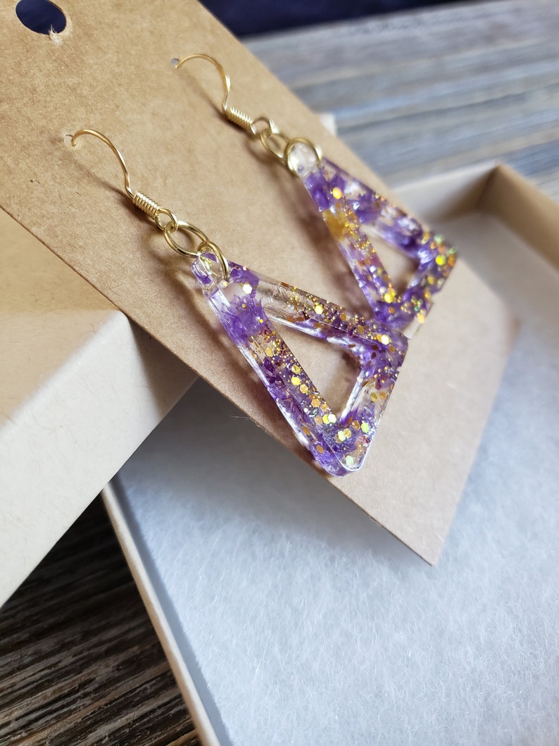 Real Flower Earrings Resin Flower Earrings Resin Purple Bell Flower Earrings Resin Triangle Earrings Purple Earrings Handmade Earrings